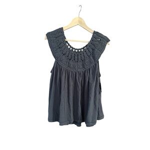 Lucky Brand Charcoal Crochet Yoke Blouse